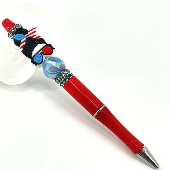 Rockabilly patriotic USA mom handmade pen NEW beads rhinestone bling red white c - Picture 1 of 5